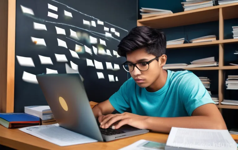 정보기기운용 실기 시험 대비 효과적인 시간 관리법 - **"Procrastination Trap with Digital Distractions"**: A young adult student (early 20s, wearing a lo...