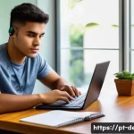 Home 21 정보기기운용 필기와 실기 학습의 효과적인 연결법 - A young adult Brazilian student in a modern study room, focused on operating information technology ...