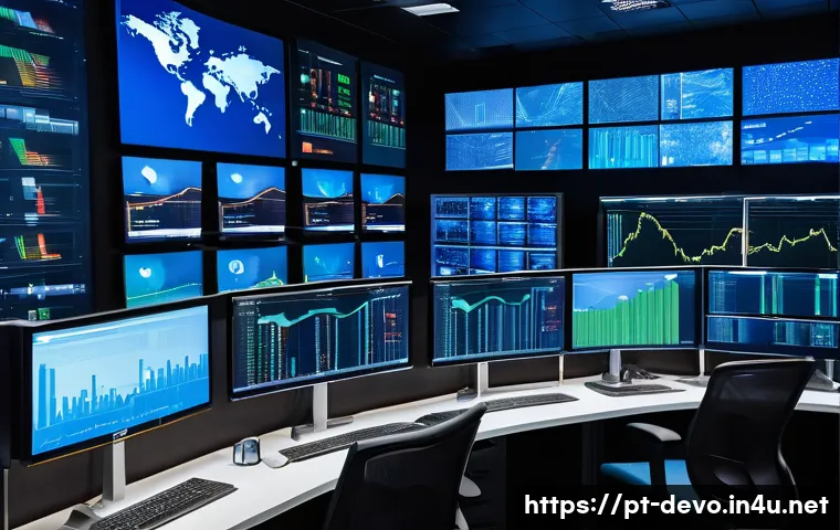 정보기기운용 실무에서 자주 발생하는 네트워크 장애 사례 - A modern corporate network operations center with multiple large screens displaying real-time networ...