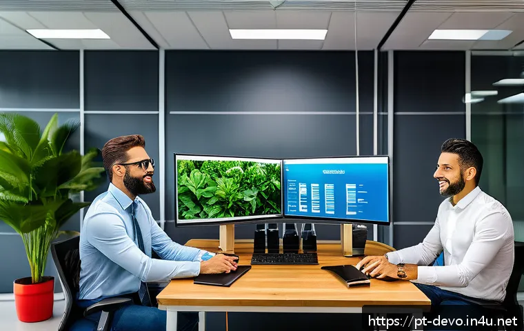정보기기운용 자격증 취득 후 커리어 개발 방향 - A modern Brazilian office environment showcasing a diverse group of IT professionals collaborating a...